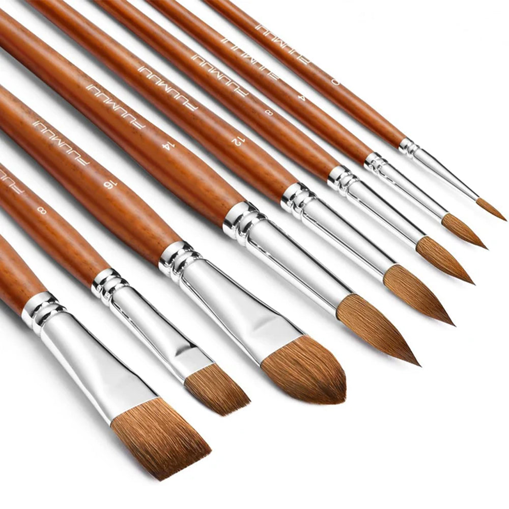 Artist quality watercolor brush set with sable hair, a variety of brush shapes and sizes for different painting techniques.