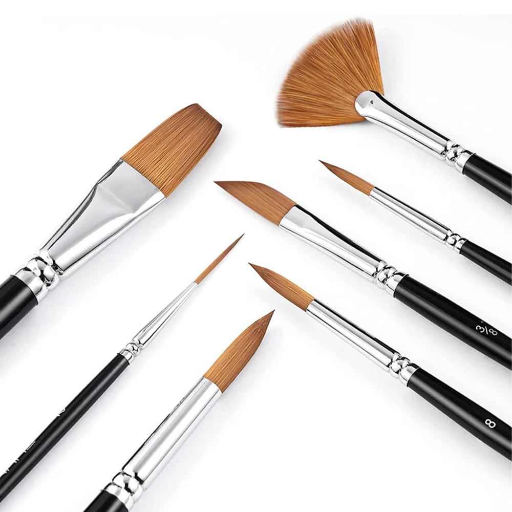 7 professional watercolor brushes on a white background, distinct shapes and sizes for painting.