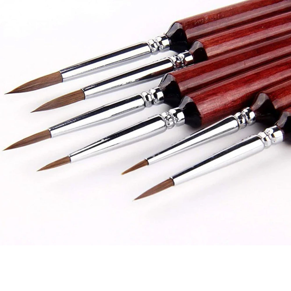 Fuumuui 6pcs round point detail brushes, showcasing the professional red sable bristles and durable ferrules for artists.