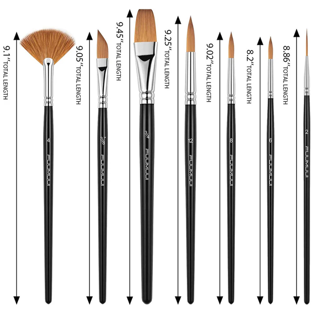 A set of 7 professional sable watercolor brushes shown with a size chart indicating the total length of each brush.
