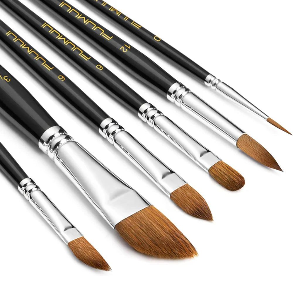 Fuumuui professional watercolor brushes with high quality sable hair and durable handles, including different shapes and sizes.