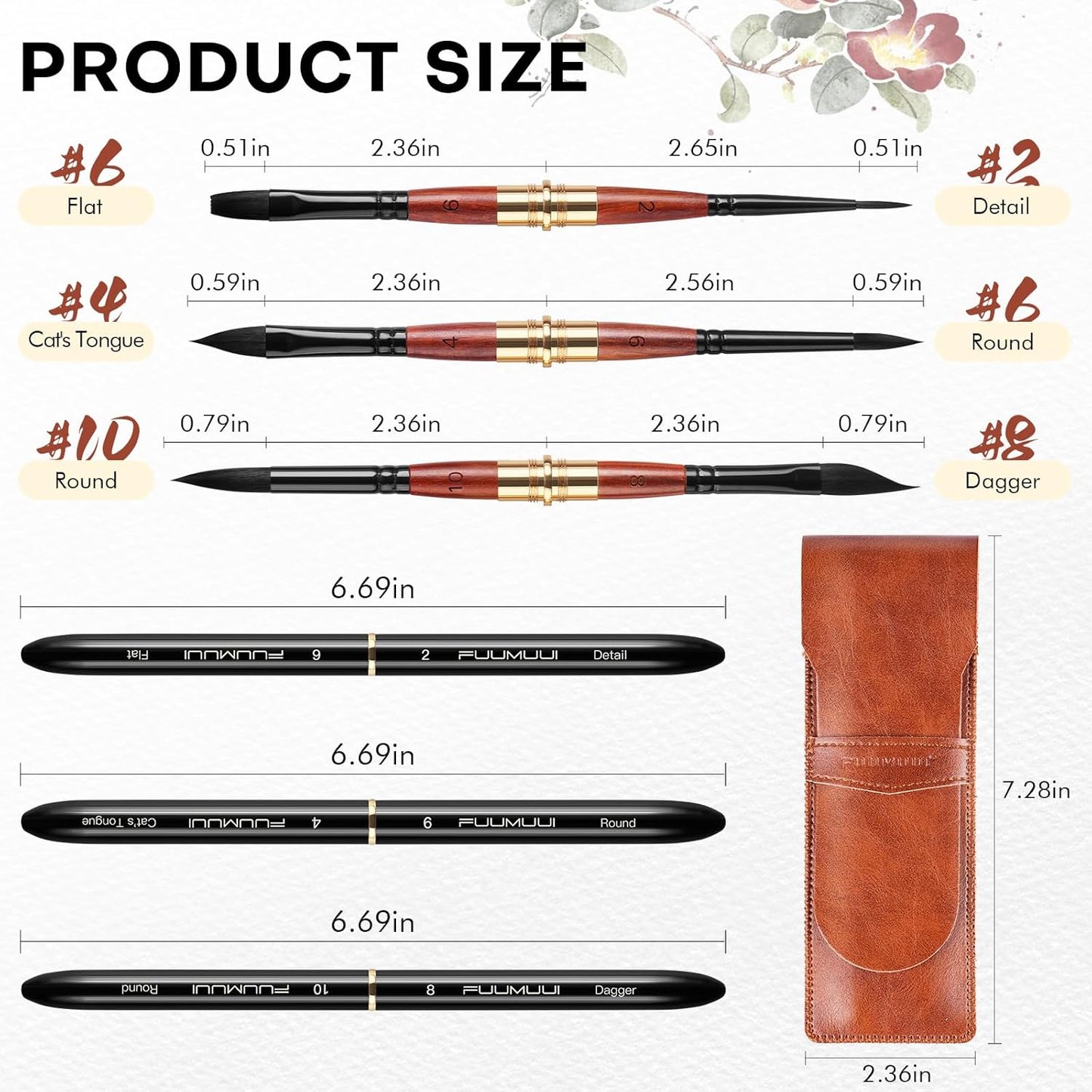 3pcs Dual-Tip Travel Watercolor Brushes — 6 Tip Styles, Premium Synthetic Squirrel Hair