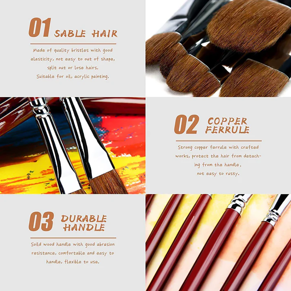 Fuumuui professional filbert paint brush set with sable hair, strong copper ferrule, and a durable wooden handle for oil and acrylic painting.
