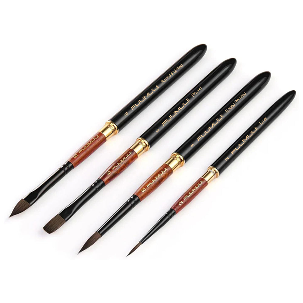 Fuumuui 4-piece professional squirrel hair travel watercolor brush set, various shape like round, cat tongue, flat and liner tips for artists.