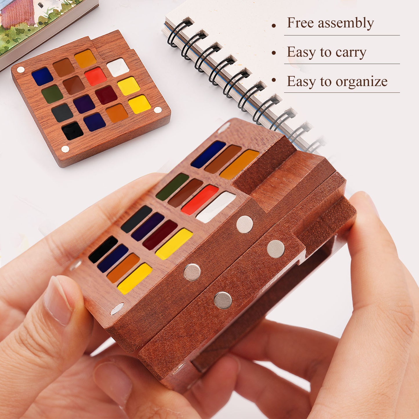 Fuumuui Premium Wood Watercolor Set – 15 Handpicked Colors with Built-in Mixing Palette