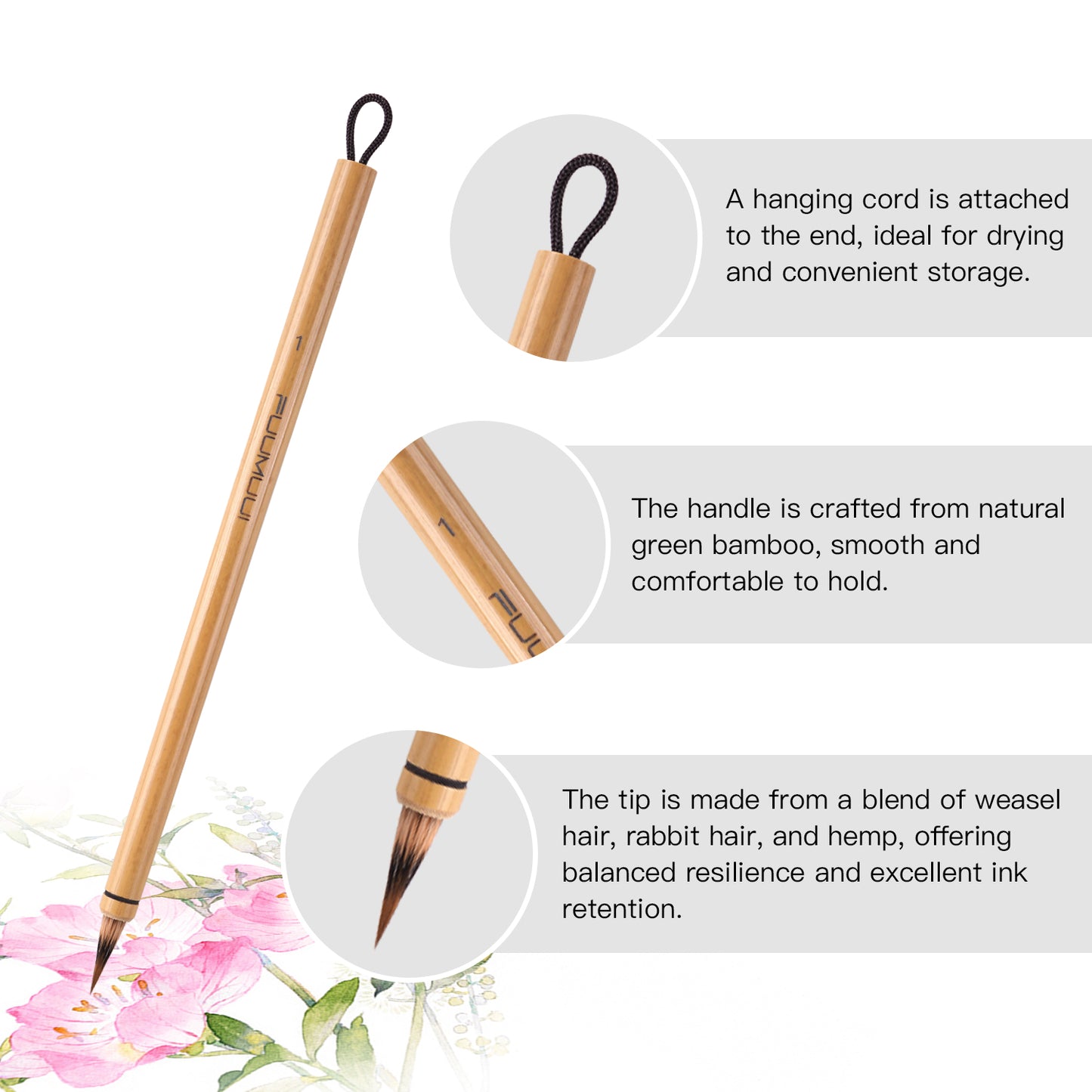 Fuumuui 3-Piece Watercolor Brush Set – Natural Weasel & Rabbit Hair Blend, Short Tip for Precision and Control