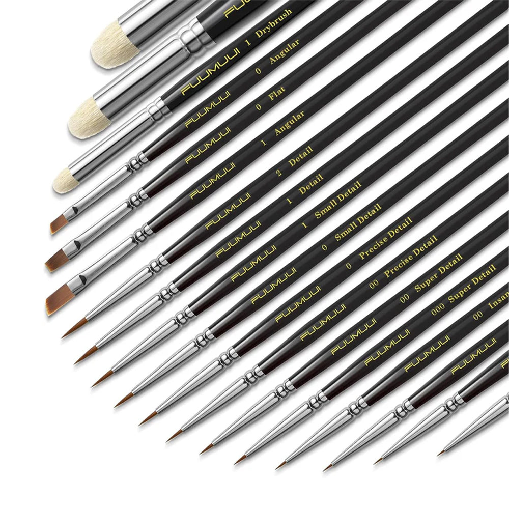 Full set of 18 Fuumuui professional paint brushes for miniatures, including various detail, flat, angular, and drybrush sizes.