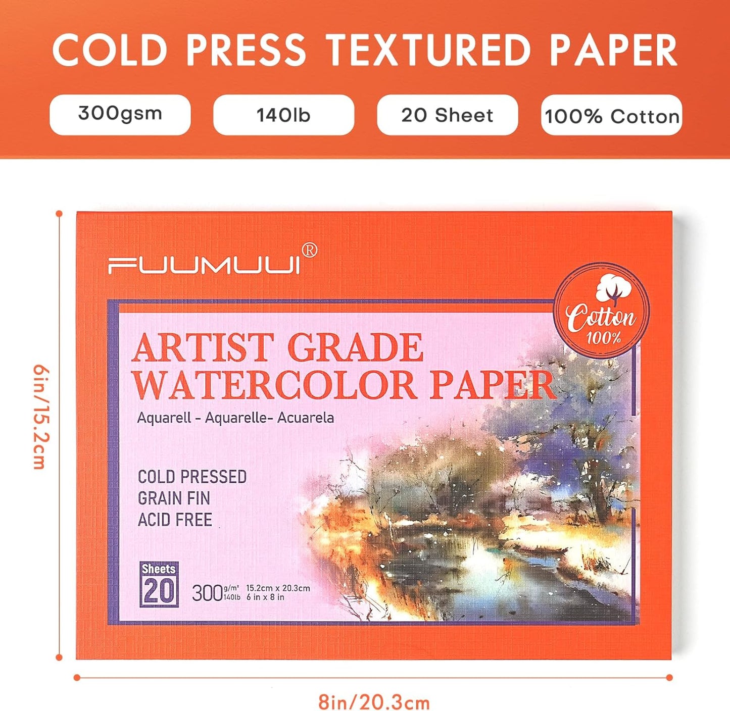 Fuumuui 100% cotton cold press watercolor paper pad, artist grade, 300gsm, 20 sheets, 6x8 inch.