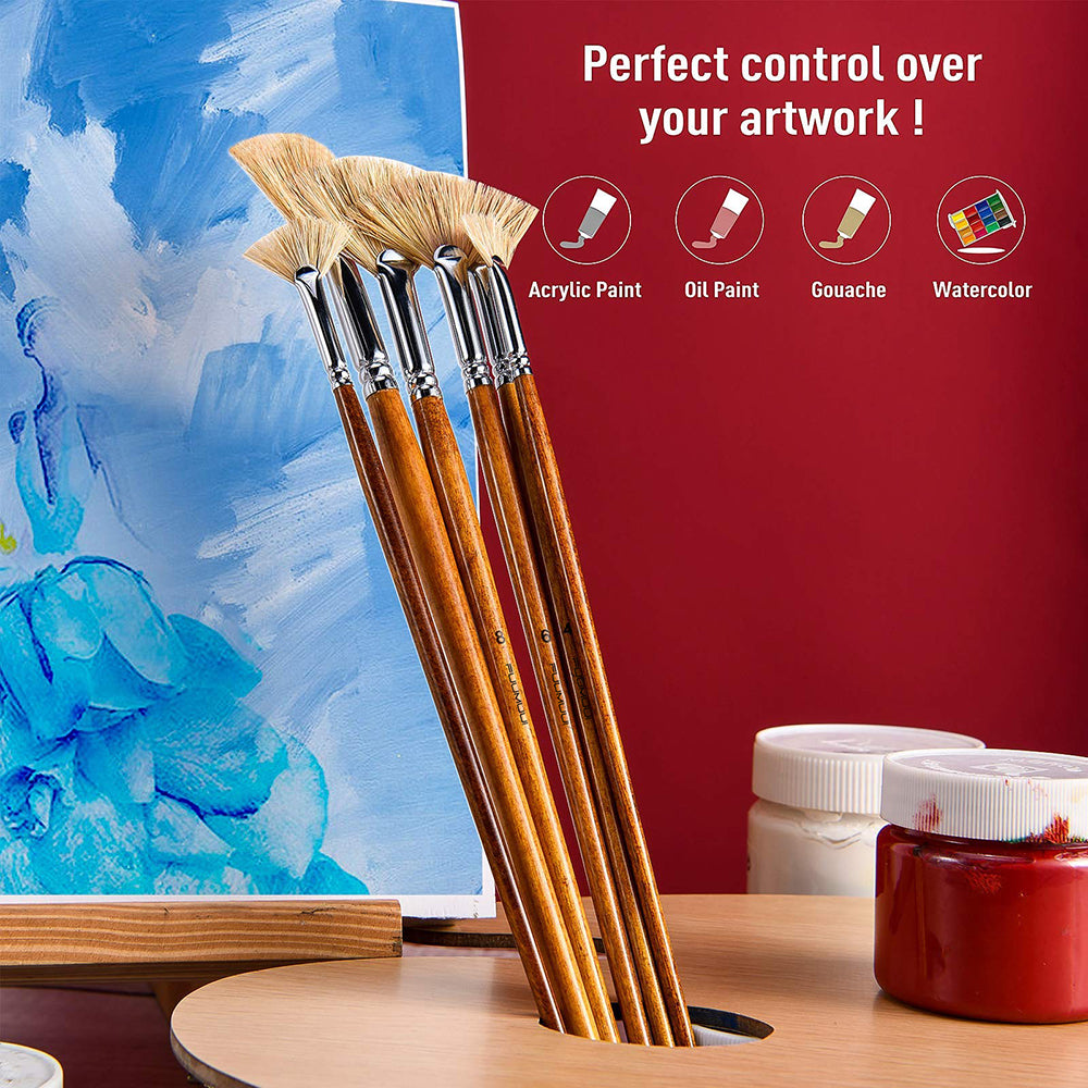 Fuumuui 6pcs Natural Bristle Fan Paint Brush Set, perfect control over your artwork, whether it is acrylic, oil, gouache, or watercolor paint.