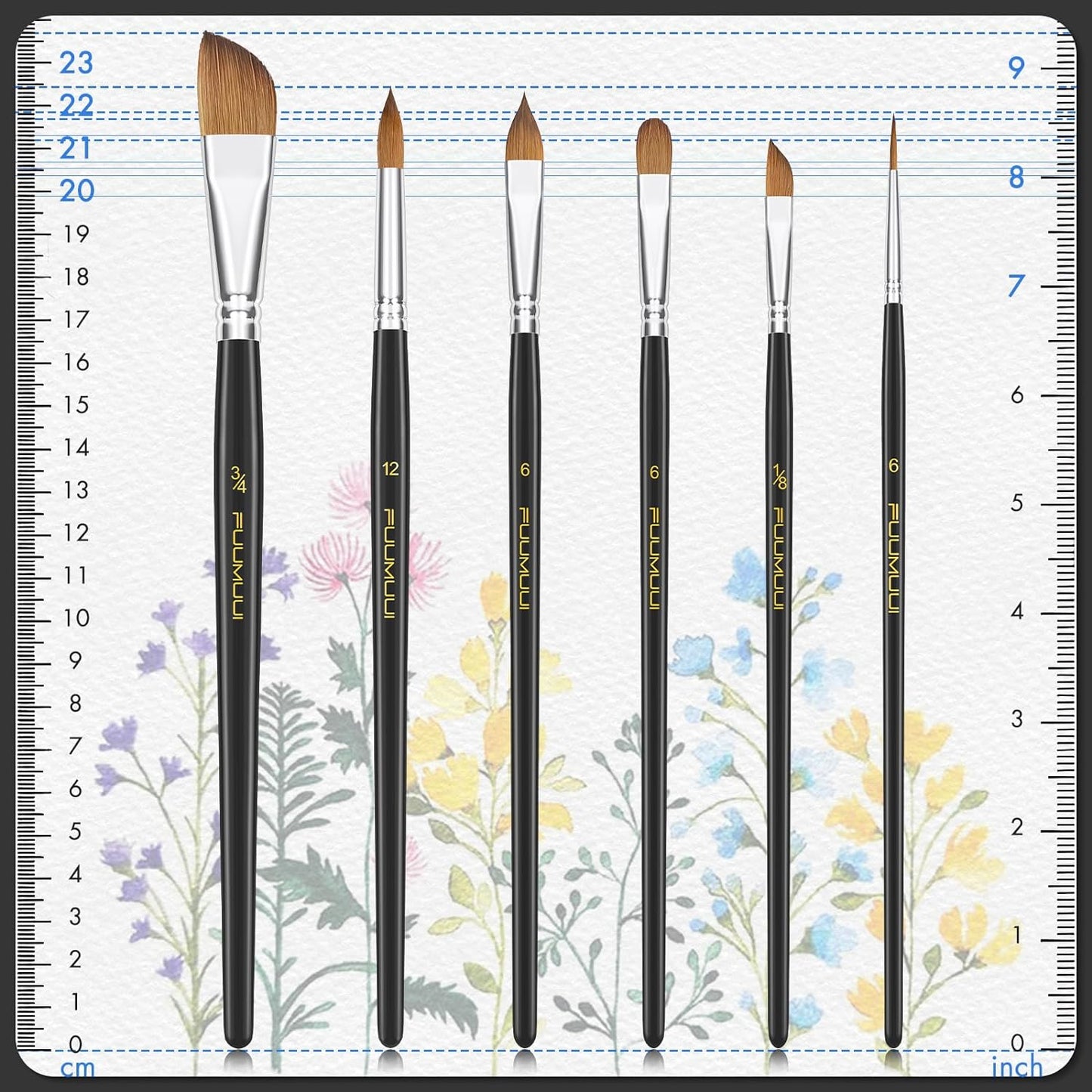 Fuumuui 6pcs Professional Watercolor Brushes - Liner, Pointed Rounds, Daggers, Cat's Tongue