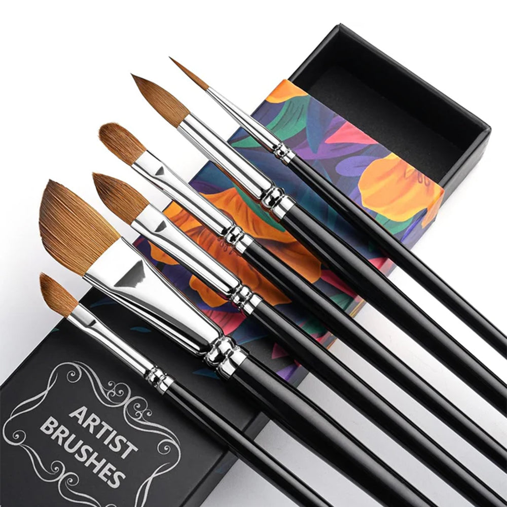 Fuumuui professional 6pcs watercolor brush set for artists in a black gift box, showcasing sable hair brushes.