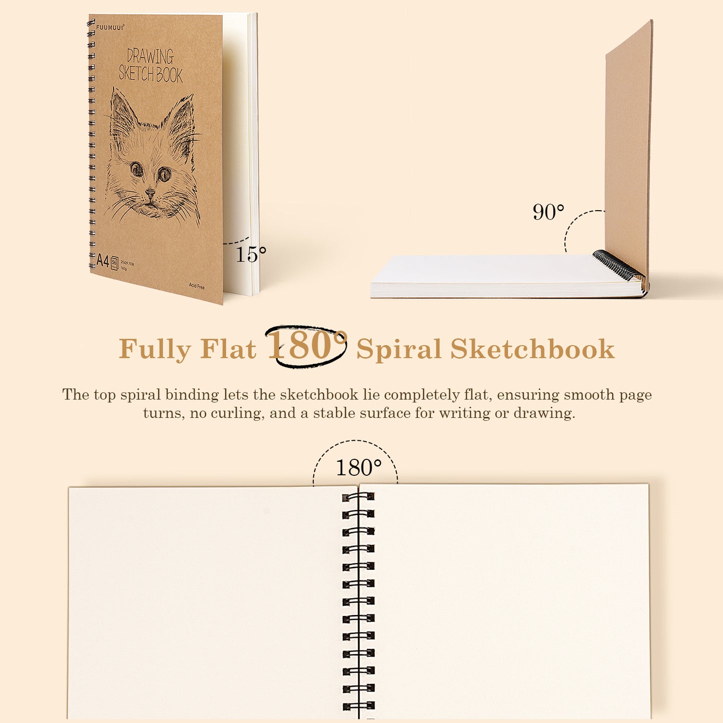 FUUMUUI A4 Spiral Sketchbook – 180° Lay-Flat, Acid-Free Paper for Graphite, Charcoal, Colored & Watercolor Pencils
