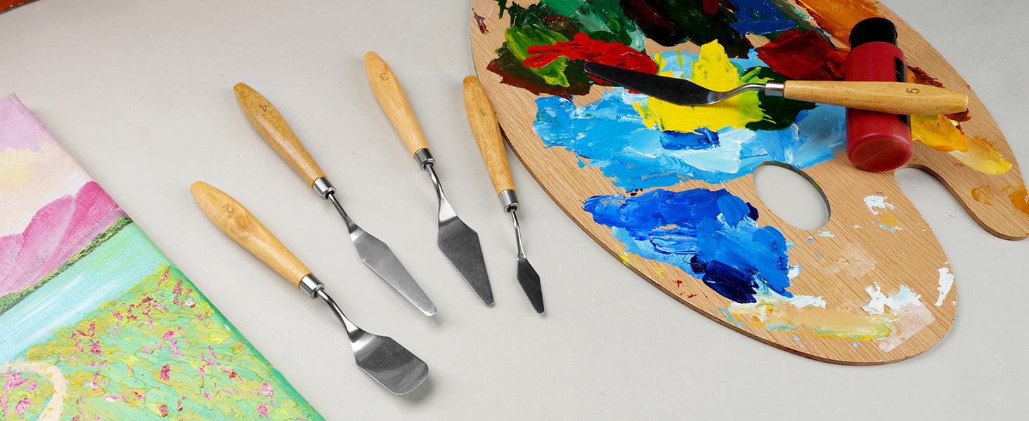 Set of 5 stainless steel palette knives with numbered wooden handles for oil paint and acrylic paint. Includes a wooden palette with vibrant pigments and textured landscape painting for professional artists and beginners.