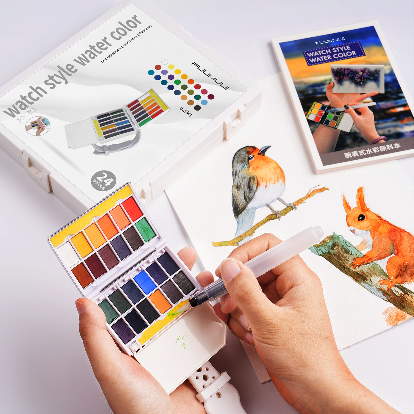 Fuumuui Wearable Watercolor Kit – 24-Color Travel Palette & Brush