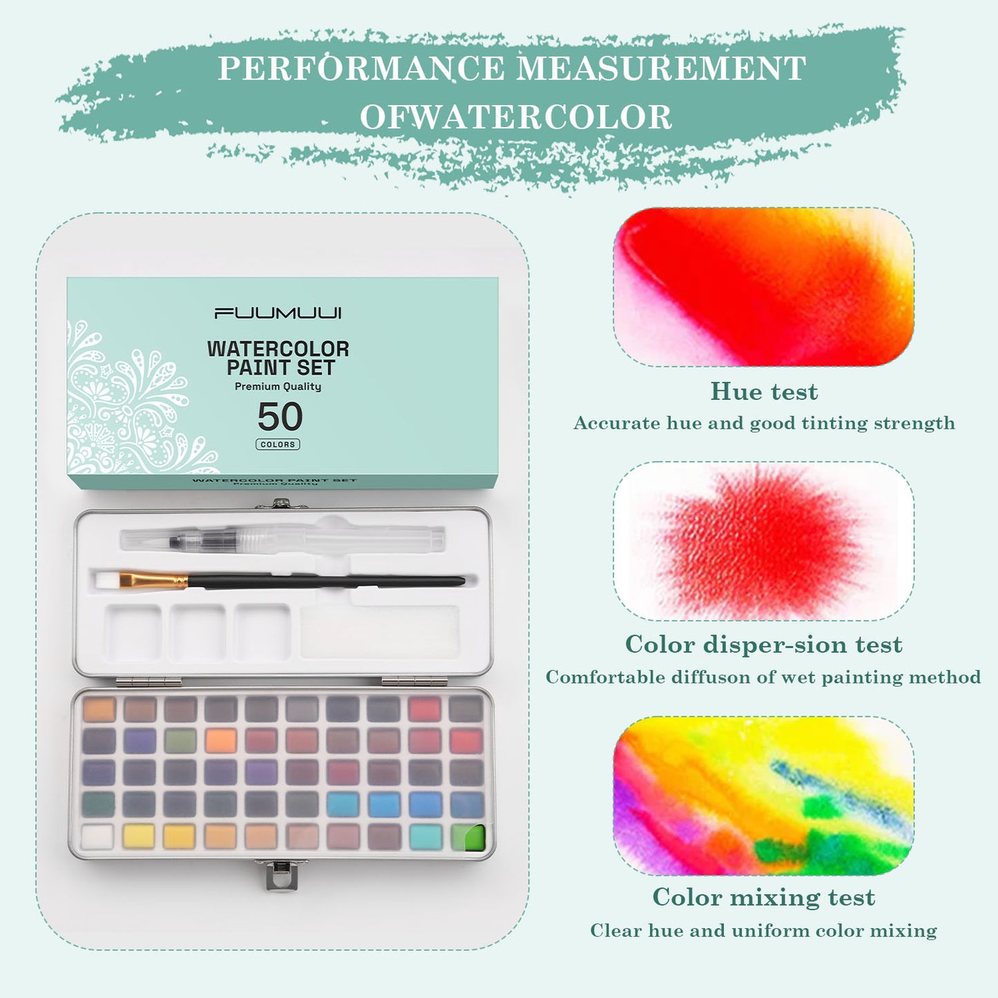 Fuumuui 50-color portable watercolor set with brushes and sponges, versatile, paint anytime, anywhere