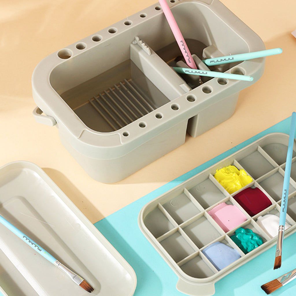 Fuumuui 3 Pack Multi-Use Paint Brush Tub, Paint Brush Washer, Cleaner and Holder, 18 Palette Wells, Lid for Indoor Outdoor Watercolor Oil Acrylic Gouache Painting