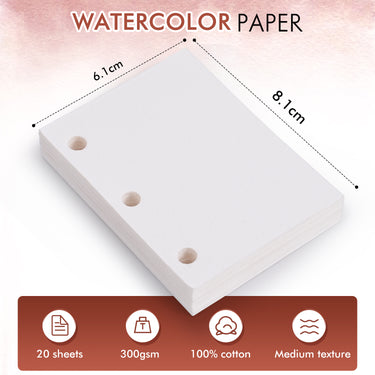 20 sheets of 100% Cotton Watercolor Paper, 6.1 x 8.1 cm, 300gsm (140lb) with medium texture cold press finish. Punched refill paper for small travel sketchbook or pocket art projects.