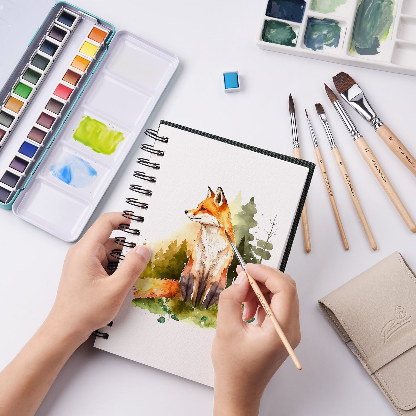 Fuumuui Portable Watercolor Travel Set – 24 Colors Palette, Watercolor Pad & Brush Kit