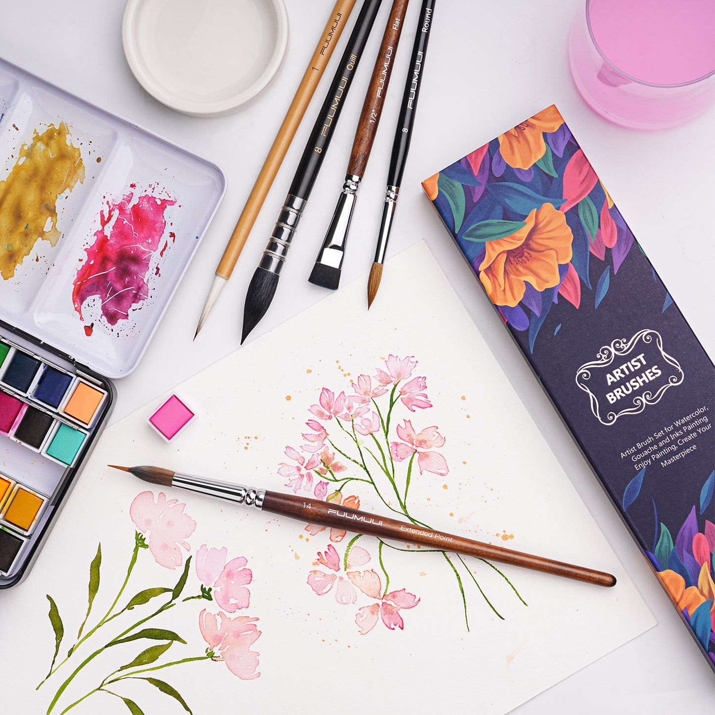 Fuumuui 5pcs Professional Watercolor Brush Set – Mixed Tips for Detail, Wash, Calligraphy & Texture Effects