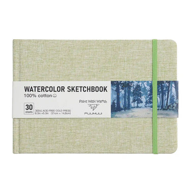Fuumuui A5 landscape watercolor sketchbook made of 100% cotton with green fabric cover.