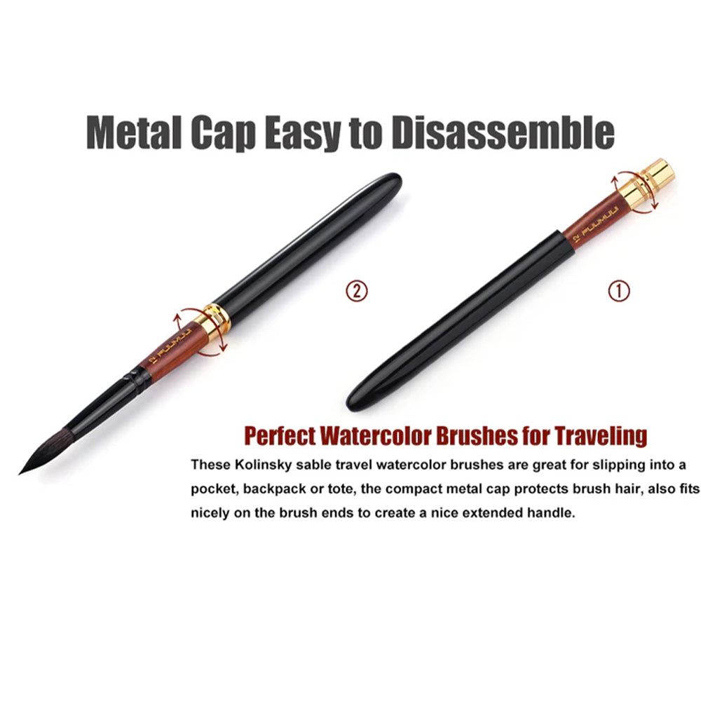 Perfect watercolor brush for travel, disassembled into its three parts—the handle, the bristle section, and the cap—which can be easily screwed on and off.