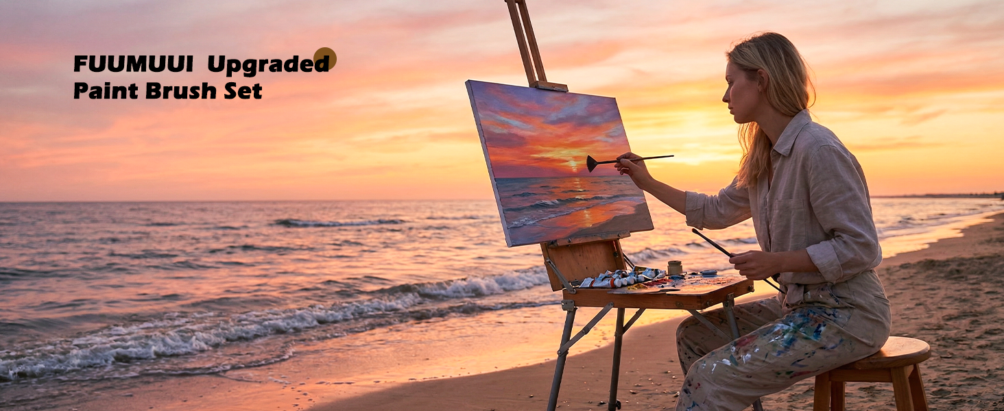 Professional artist using the FUUMUUI Upgraded Paint Brush Set to paint a sunset beach scene with oil paint and acrylic paint on a canvas easel. High-quality brushes for professional artists and beginners.