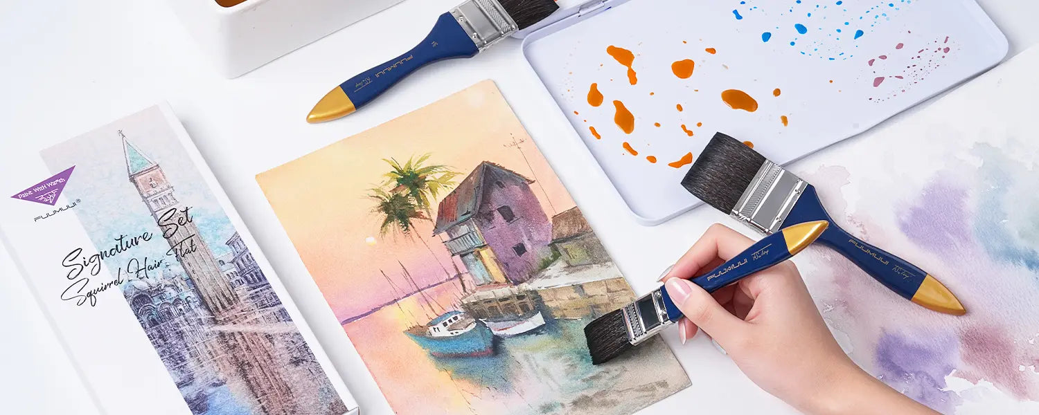 Artist painting a landscape with a Fuumuui x Fausto Sutera squirrel hair flat wash brush next to palette.