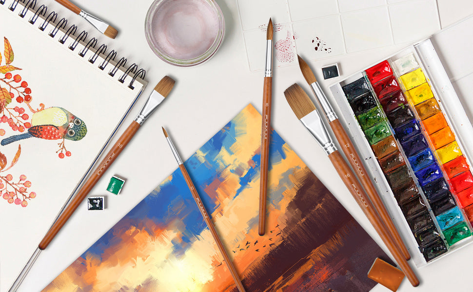 FUUMUUI professional watercolor brush set with squirrel hair round and flat brushes (sizes 8, 10, 12, 16) for artists, shown with a watercolor paint set and landscape painting on textured 140lb cold press paper.