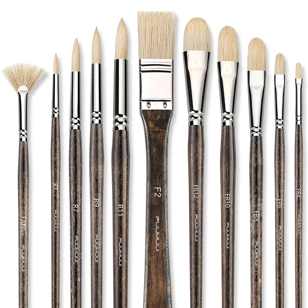 An 11-piece set of natural hog bristle art brushes in various shapes including filbert, flat, and round for painting.
