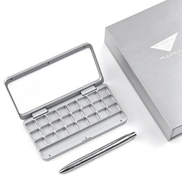 Fuumuui 24-well aluminum paint palette in glacier silver with metallic travel brush and box.
