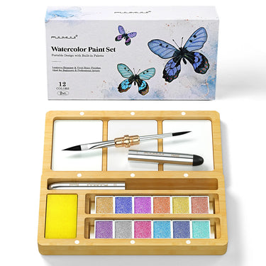 Fuumuui 12 shimmer watercolor paint set with wooden palette box, magnetic half pans, and travel brushes.
