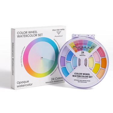 Fuumuui Color Wheel Watercolor Set featuring a round 24-macaron solid watercolor palette next to its product box.