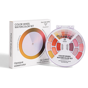 Fuumuui Color Wheel Watercolor Set box and round palette with 24 portrait paints.