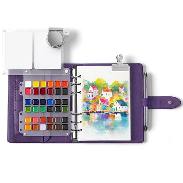 Fuumuui purple large watercolor travel sketchbook set with 36 color paint palette grid and binder.