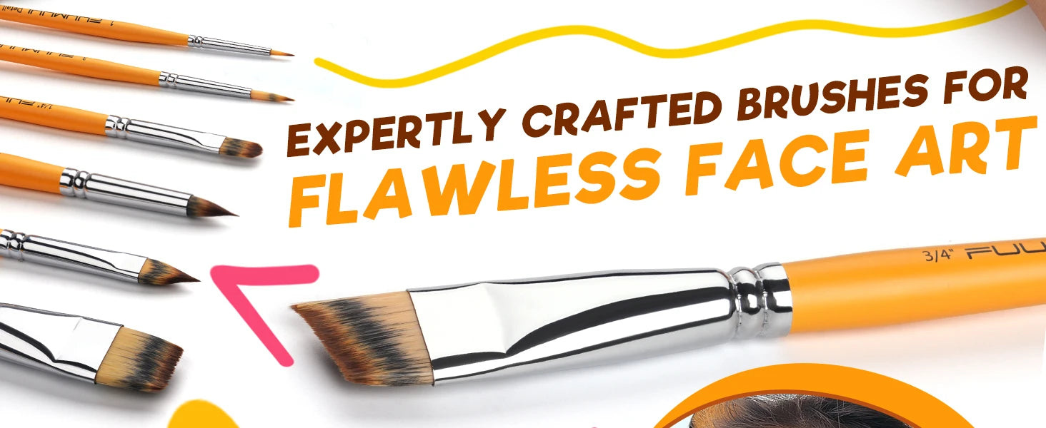 Fuumuui synthetic nylon Face Paint Brush set for acrylic painting and face art. Features 3/4 inch angular, 1/4 inch flat, and size 1 detail brush with yellow handles for professional artists and beginners.