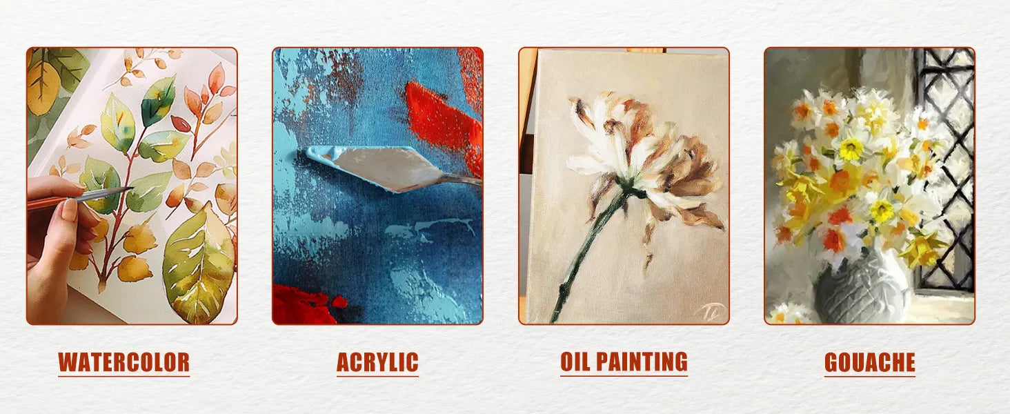 Professional synthetic nylon brushes and palette knife used for watercolor on cold press paper, acrylic, oil painting, and gouache. Versatile art supplies for professional artists and beginners.