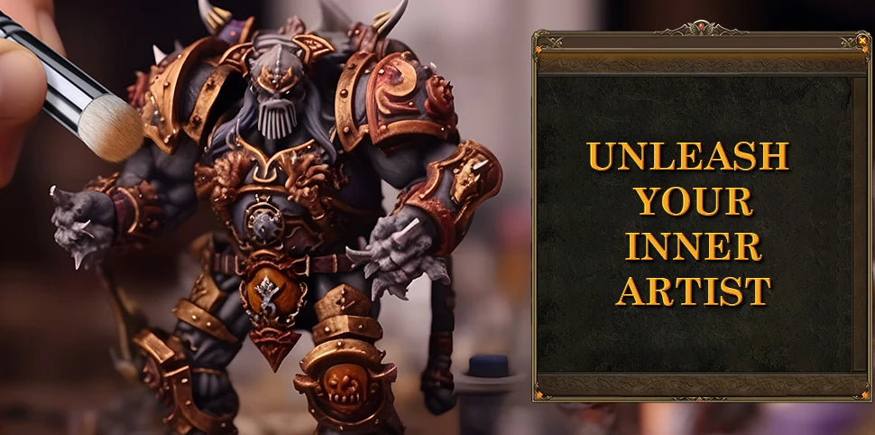 Professional Fuumuui miniature dry brush with natural bristles highlighting a fantasy warrior figurine. High-quality miniature paint brush for dry brushing techniques. Graphic text: Unleash Your Inner Artist.