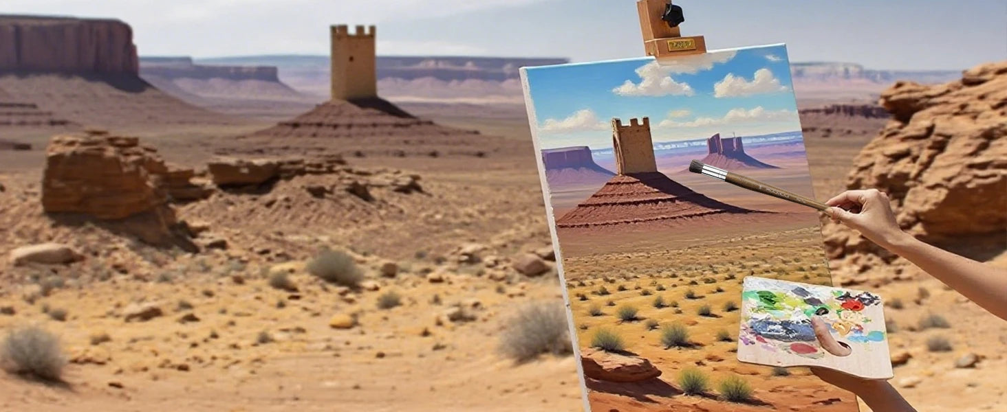 Professional artist using a Fuumuui round natural badger hair oil paint brush to paint a desert landscape on canvas. High-quality badger hair brush for blending and texture in oil and acrylic paint applications.