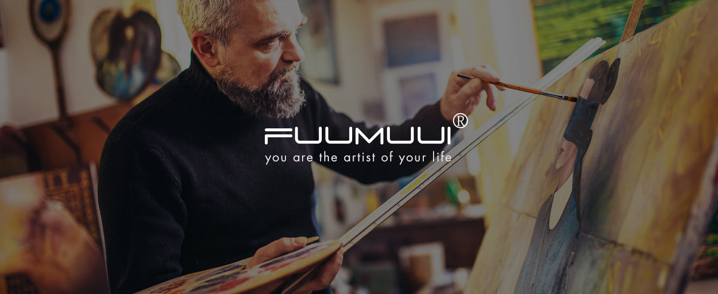 Professional artist in a studio using a synthetic nylon hair acrylic paint brush on a large canvas. Features Fuumuui logo and slogan "you are the artist of your life" with oil paint and a wooden palette.