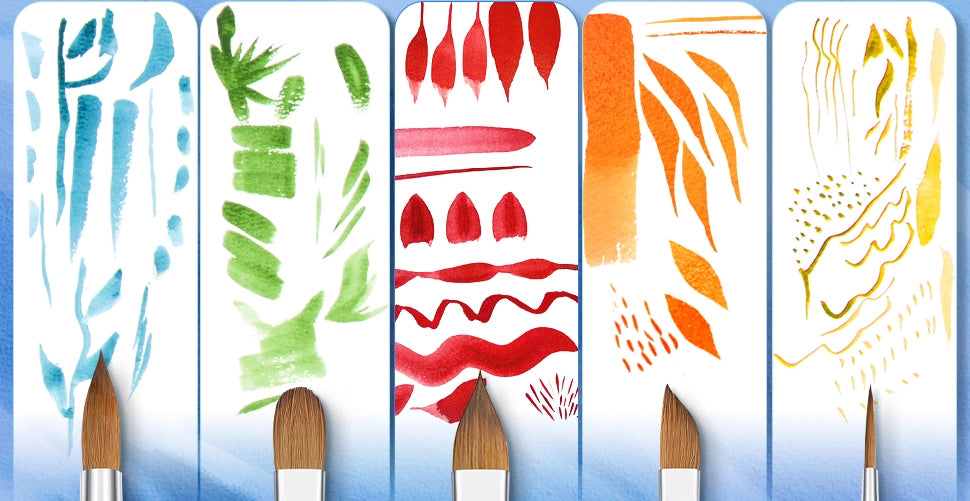 Professional watercolor brush set featuring liner, pointed round, dagger, and cat's tongue brushes. High-quality hair brushes create versatile strokes and fine details for professional artists and beginners.