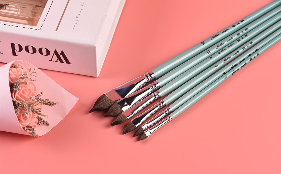 6pcs Fuumuui professional watercolor brush set with mint green handles, including squirrel hair round mop and dagger striper brushes in sizes 2, 4, 6, 8, 10, 12 for professional artists and beginners.