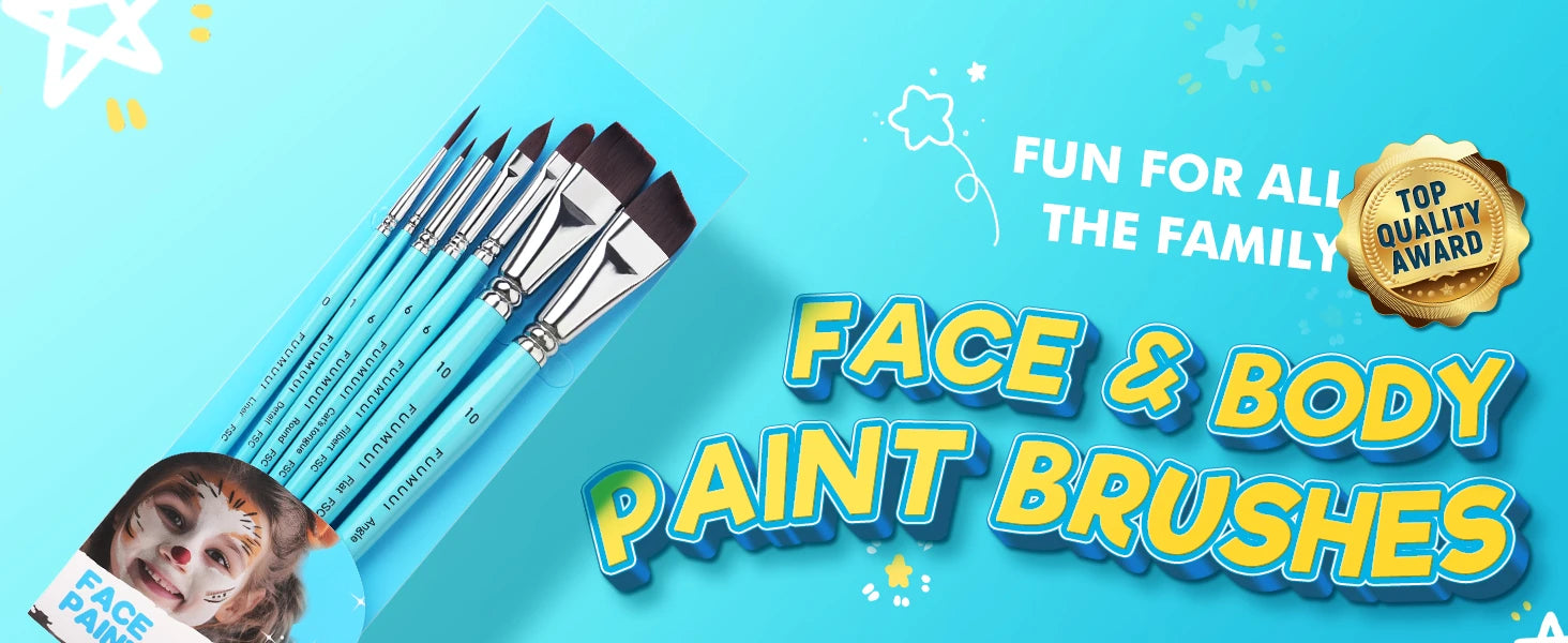 7pcs Face Paint Brush set with synthetic nylon bristles. Includes Liner, Detail, Round, Cat's tongue, Filbert, Flat, and Angle shapes. Blue FSC handles for body painting, acrylic paint, and beginners.