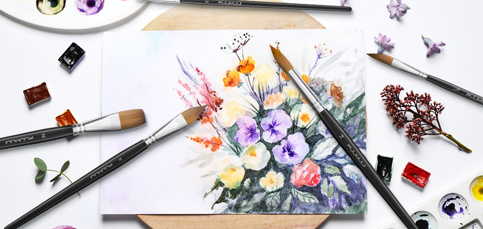 Fuumuui Professional Kolinsky Sable Watercolor Brush set including sizes 14, 8, and 16. Natural bristle brushes on a floral watercolor painting with Cold Press paper, watercolor paint pans, and a white ceramic palette.