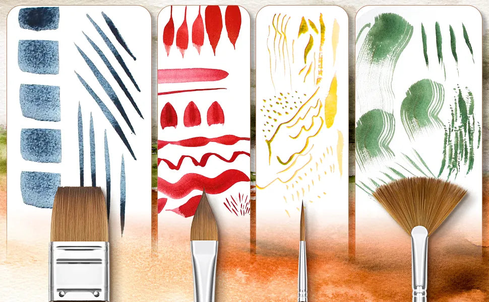 Professional watercolor brush set with Kolinsky Sable bristles showing flat wash, dagger, detail, and fan brush shapes. Precise strokes and textures on cold press paper for professional artists and beginners.