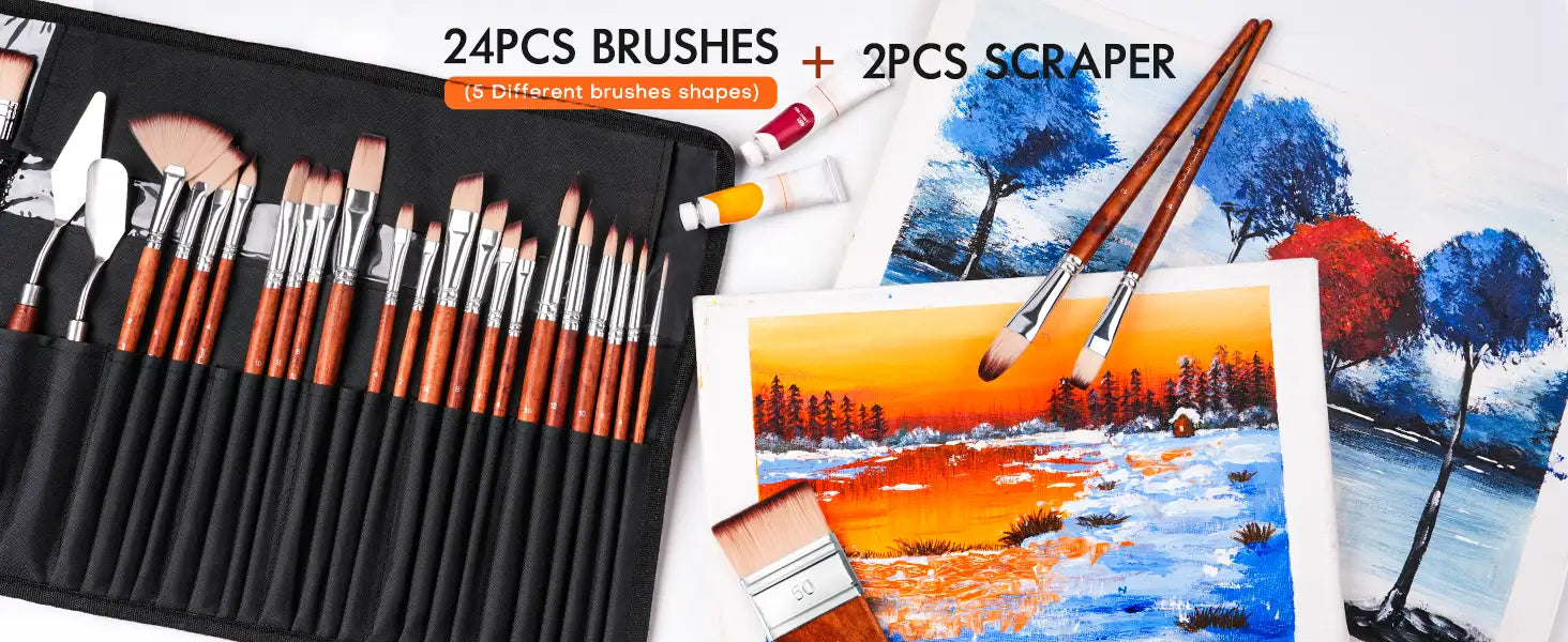 Professional 26pcs set featuring 24pcs brushes in 5 shapes and 2pcs scraper palette knives. Synthetic nylon acrylic paint brush and oil paint brush kit for professional artists and beginners with fan and flat brushes.