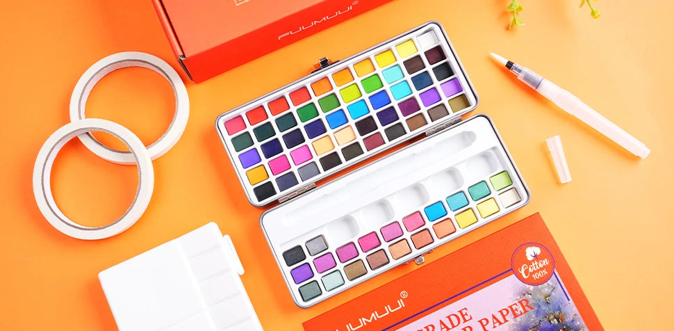 72 bright colors watercolor paint set with metal travel palette, 100% cotton paper, masking tape, and synthetic nylon water brush. Portable pocket set for professional artists and beginners.
