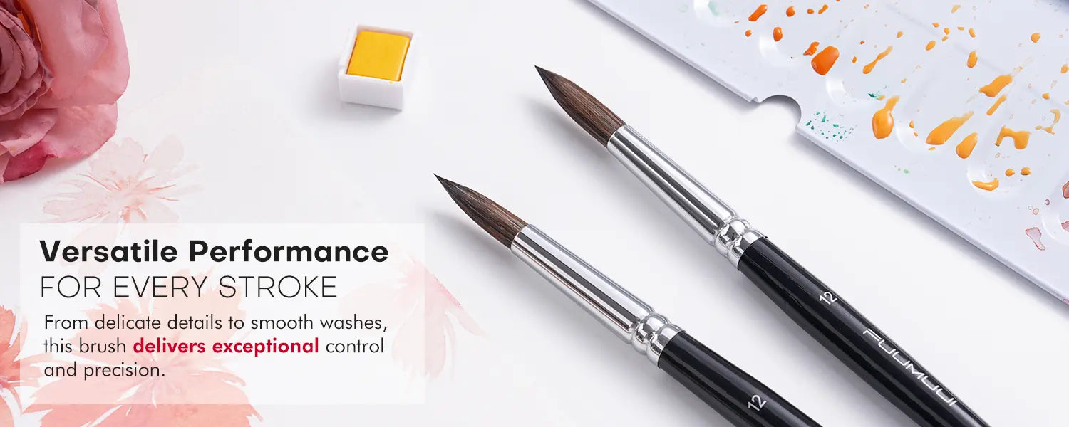 Two Fuumuui size 12 natural sable round watercolor brushes offering versatile stroke control on art desk.