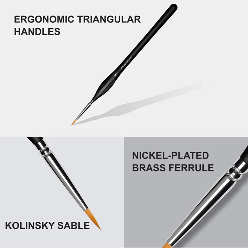 Key features of the detail brushes, including the ergonomic triangular handles and a durable nickel-plated brass ferrule.