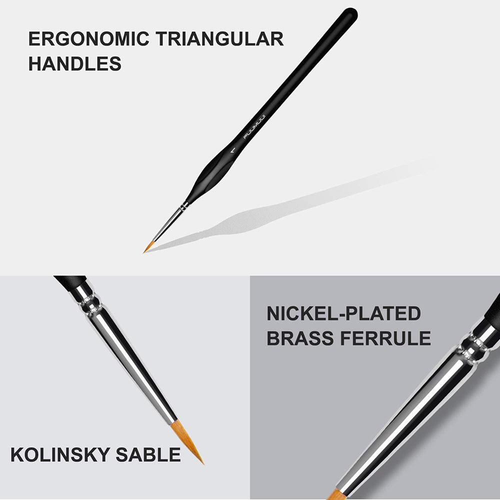 Fuumuui sable artist brushes featuring ergonomic triangular handles, Kolinsky sable hair, and nickel-plated brass ferrules.