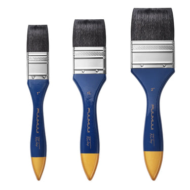 Three Fuumuui & Fausto Sutera squirrel hair flat watercolor brushes in 1-inch, 1.5-inch, and 2-inch sizes.